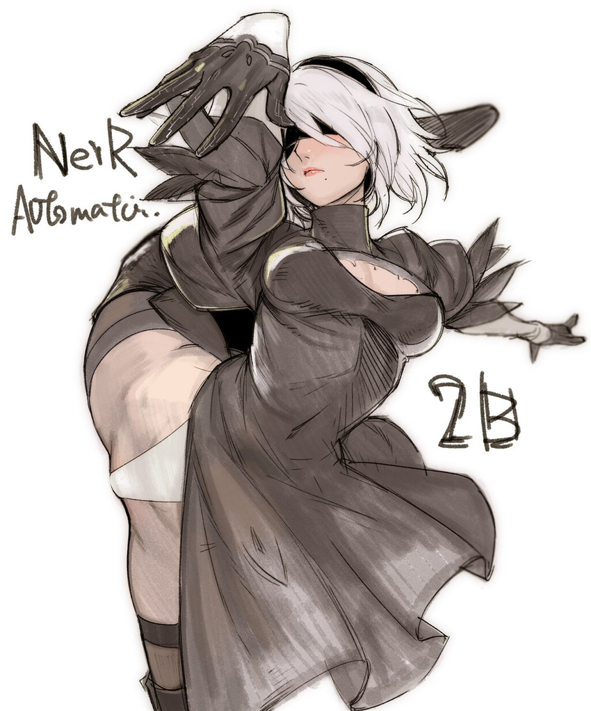 black_dress black_gloves black_legwear blindfold blush breasts dress gloves grey_hair hairband highres leg_up medium_breasts mole mole_under_mouth nier_(series) nier_automata panties simple_background solo tetsu_(kimuchi) thighhighs typo underwear white_background white_panties yorha_no._2_type_b