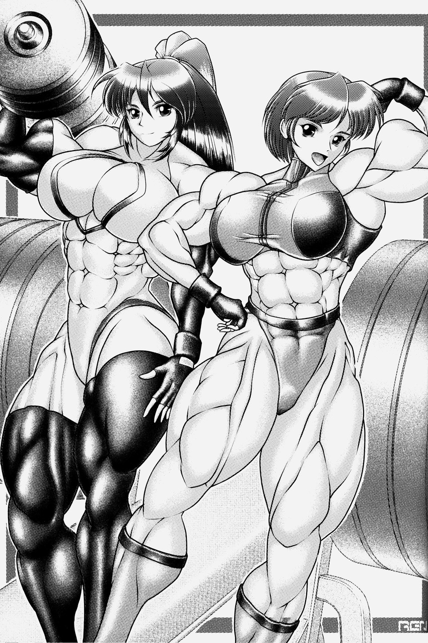 2girls biceps breasts dumbbell extreme_muscles female fingerless_gloves flexing gloves large_breasts long_hair monochrome multiple_girls muscle ponytail ren_(tainca2000) smile thick_thighs