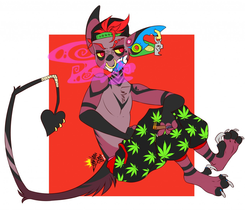 anthro captainchaos clothed clothing crux drugs furgonomics furry-specific_piercing male marijuana notched_ear piercing smoke solo tail_piercing