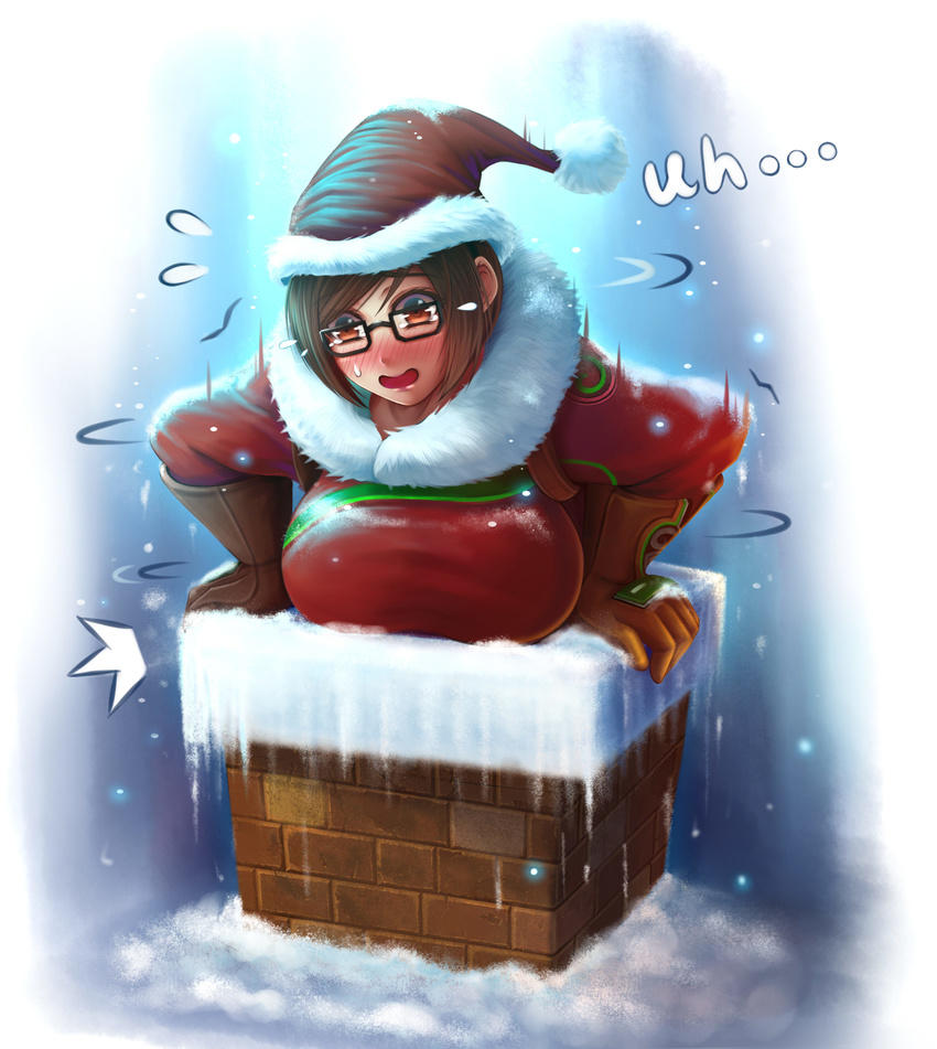 blush breasts chimney commentary english english_commentary glasses hat highres inconvenient_breasts large_breasts mei-rry_mei mei_(overwatch) oldlim overwatch santa_costume santa_hat solo stuck