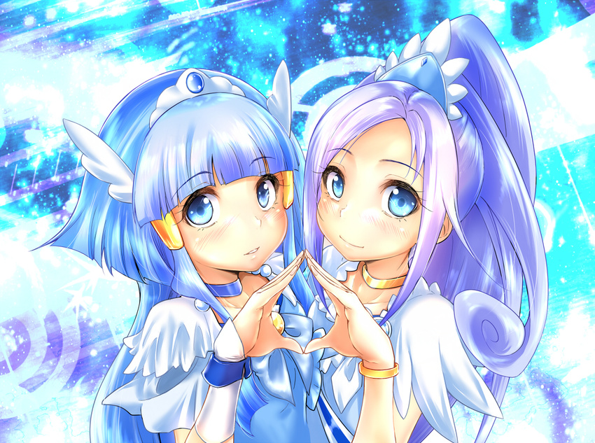 2girls aoki_reika blue blue_background blue_bow blue_eyes blue_hair brooch cure_beauty cure_diamond curly_hair dokidoki!_precure hair_tubes hishikawa_rikka jewelry long_hair looking_at_viewer magical_girl matching_hair/eyes multiple_girls ponytail precure smile smile_precure! wristband