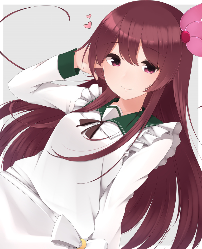 apron brown_hair crescent crescent_moon_pin dutch_angle flower grey_background hair_flower hair_ornament hand_behind_head heart highres kantai_collection kisaragi_(kantai_collection) long_hair long_sleeves looking_at_viewer purple_eyes ribbon sailor_collar school_uniform serafuku simple_background smile solo upper_body white_apron yukichi_(sukiyaki39)