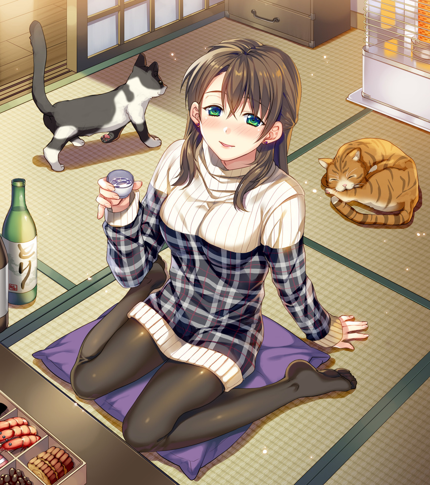 alcohol animal arm_support bangs beans black_legwear bottle box breasts brown_hair cake cat chest_of_drawers choko_(cup) cup cushion dress drunk earrings eyebrows_visible_through_hair fingernails food from_above green_eyes hair_between_eyes half_updo heart heart_earrings heater highres holding indoors jewelry kairi_(strawberry_drop) leaning_back light_particles lipstick long_hair long_sleeves looking_at_viewer makeup medium_breasts no_shoes on_floor original pantyhose parted_lips ribbed_dress ribbed_sweater running_bond sake sake_bottle shiny shiny_clothes short_dress shrimp sitting sliding_doors smile stud_earrings sweater sweater_dress table tatami turtleneck turtleneck_sweater wariza white_dress white_sweater wooden_floor zabuton