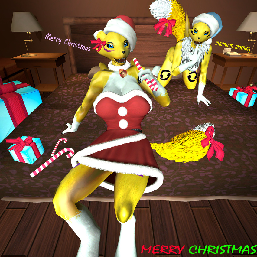 2016 3d_(artwork) anthro big_breasts breasts candy candy_cane canine christmas cute digimon digital_media_(artwork) fantasy female first_person_view food fox garry's_mod garrysmod gift holidays looking_at_viewer lordzbacon mammal renamon ribbons seductive sibling teasing twins