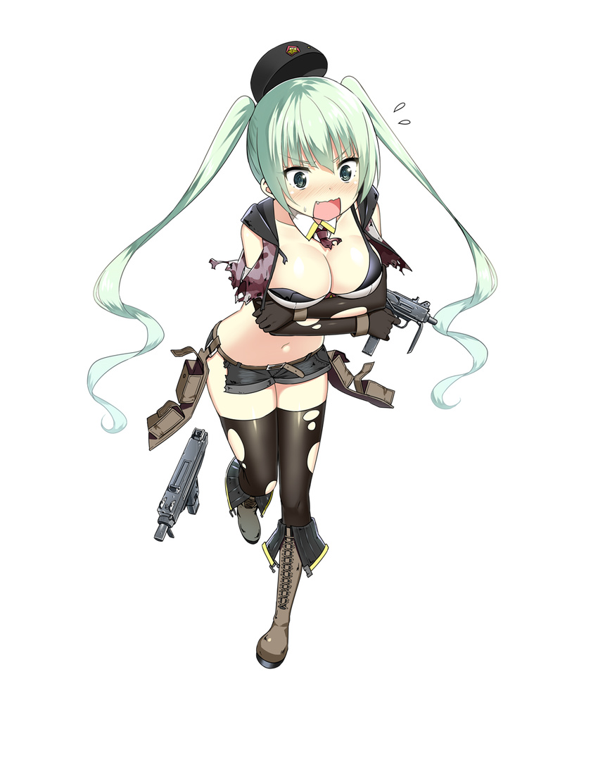 :o aqua_eyes aqua_hair belt black_gloves blush boots breast_hold breasts cleavage cleavage_cutout cross-laced_footwear detached_sleeves eyebrows eyebrows_visible_through_hair finger_on_trigger flying_sweatdrops full_body girls_frontline gloves gun hat highres holding holding_gun holding_weapon holster imi_uzi knee_boots large_breasts leg_up long_hair long_sleeves looking_away micro_uzi micro_uzi_(girls_frontline) navel necktie nose_blush official_art open_mouth short_shorts shorts sky_(freedom) solo submachine_gun surprised sweat thighhighs torn_clothes torn_legwear torn_necktie torn_shorts transparent_background twintails v-shaped_eyebrows weapon