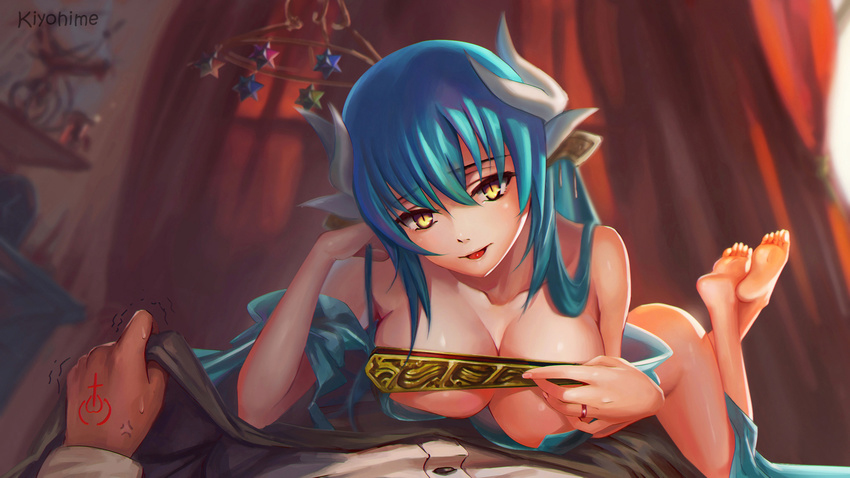 1girl anger_vein aqua_hair ass barefoot bedroom bottomless breasts clothes_lift command_spell covering covering_breasts covering_nipples fan fate/grand_order fate_(series) feet fujimaru_ritsuka_(male) highres horns indoors japanese_clothes jewelry kimono kimono_lift kiyohime_(fate/grand_order) large_breasts long_hair looking_at_viewer lying no_bra no_panties on_back on_person on_stomach pov ring saint_quartz slit_pupils smile stellated_octahedron sunlight sweatdrop trembling ushas yellow_eyes