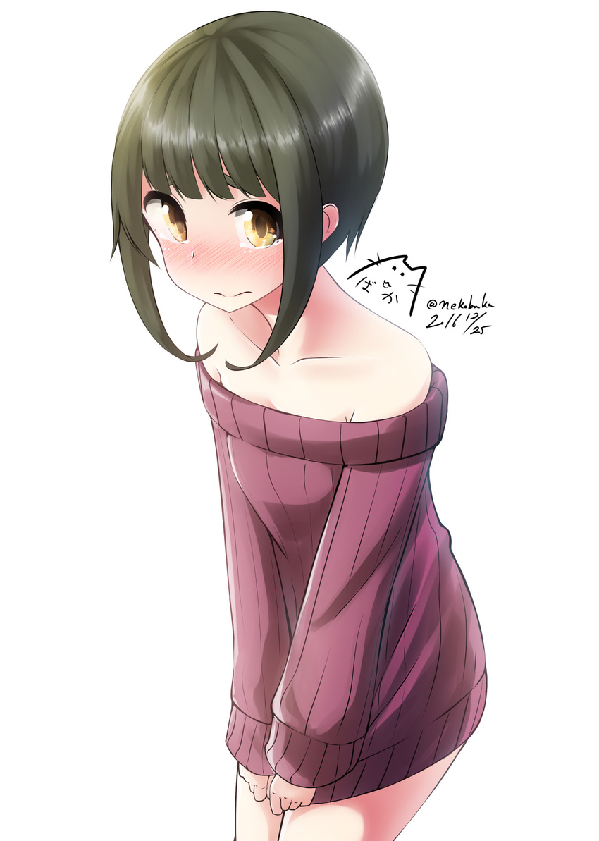 artist_name bad_id bad_pixiv_id bangs bare_shoulders blunt_bangs blush brown_eyes collarbone cowboy_shot crying crying_with_eyes_open dated embarrassed full-face_blush green_hair highres kantai_collection looking_at_viewer nekobaka off_shoulder ribbed_sweater signature simple_background solo sweater takanami_(kantai_collection) tears white_background