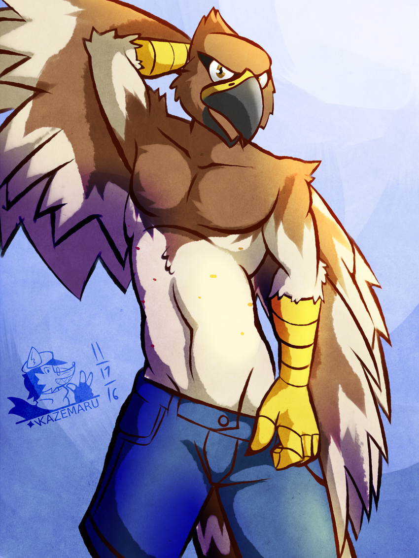 anthro avian beak bird chalur clothing feathers hawk invalid_color invalid_tag male pinup pose red_tail shorts solo tailed talons teasing ventkazemaru wings