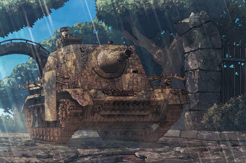 baseball_cap camouflage cannon caterpillar_tracks earasensha ground_vehicle hat male_focus military military_hat military_uniform military_vehicle motor_vehicle real_life solo sturmpanzer_iv_brummbar tank tree turretless_tank uniform world_war_ii zimmerit