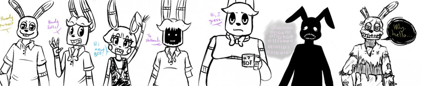 2015 animatronic anthro binary_code bonnie_(fnaf) bow_tie buckteeth cup dialogue english_text five_nights_at_freddy's five_nights_at_freddy's_2 group inkyfrog looking_at_viewer machine restricted_palette robot shadow_bonnie_(fnaf) simple_background smile springtrap_(fnaf) talking_to_viewer teeth text toy_bonnie_(fnaf) video_games waving white_background withered_bonnie_(fnaf)