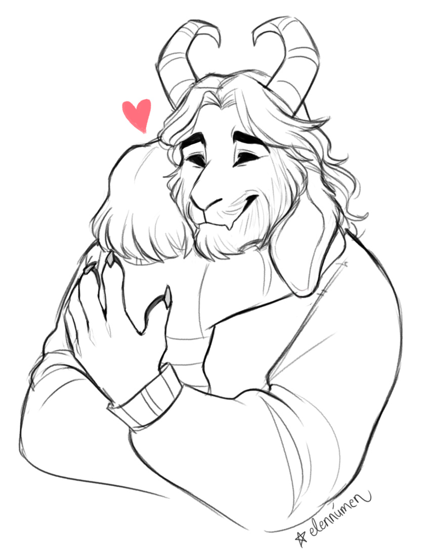 &lt;3 asgore_dreemurr beard black_and_white boss_monster caprine child claws duo elennumen facial_hair fangs goat happy horn hug human long_ears mammal monochrome protagonist_(undertale) simple_background stripes undertale video_games white_background young