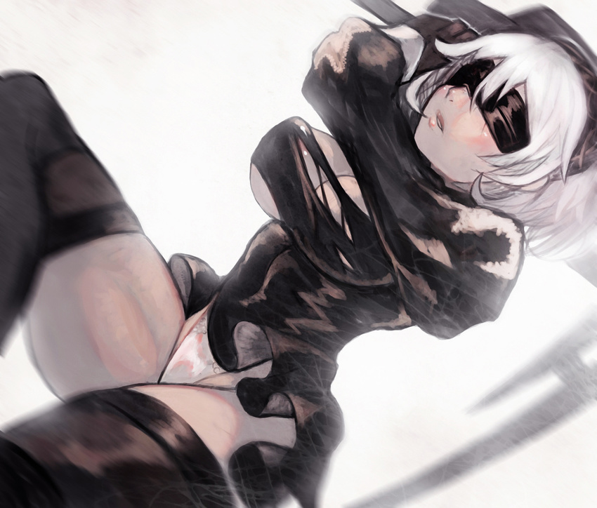 black_dress black_legwear blindfold breasts cleavage_cutout covered_nipples death_is_13 dress gloves hairband large_breasts long_sleeves mole mole_under_mouth nier_(series) nier_automata panties puffy_long_sleeves puffy_sleeves short_hair solo sword thighhighs torn_clothes underwear weapon white_hair yorha_no._2_type_b