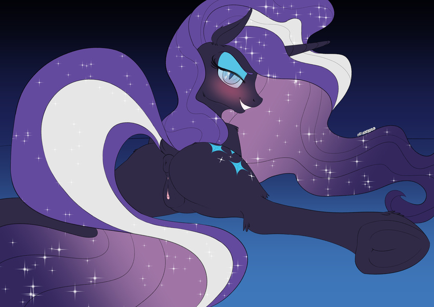 2016 anus bedroom_eyes blush butt cutie_mark dock equine female feral friendship_is_magic hair half-closed_eyes hi_res horn long_hair looking_back lying mammal multicolored_hair my_little_pony nightmare_rarity_(idw) on_front pussy seductive simple_background smile solo spread_legs spreading underhoof unicorn wolfmask