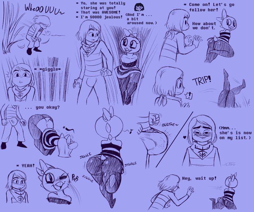 anthro big_butt blush bulge butt crossgender digital_media_(artwork) female human male mammal monster monster_kid text thewill tripping under(her)tail undertale video_games