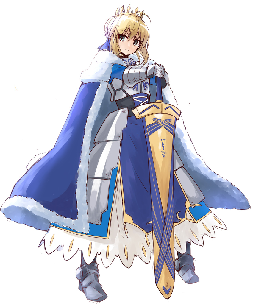 absurdres ahoge armor armored_dress artoria_pendragon_(all) avalon_(fate/stay_night) blonde_hair commentary_request crown excalibur eyebrows_visible_through_hair fate/stay_night fate_(series) full_body gauntlets green_eyes highres looking_at_viewer saber sheath sheathed shunichi simple_background solo standing sword weapon white_background