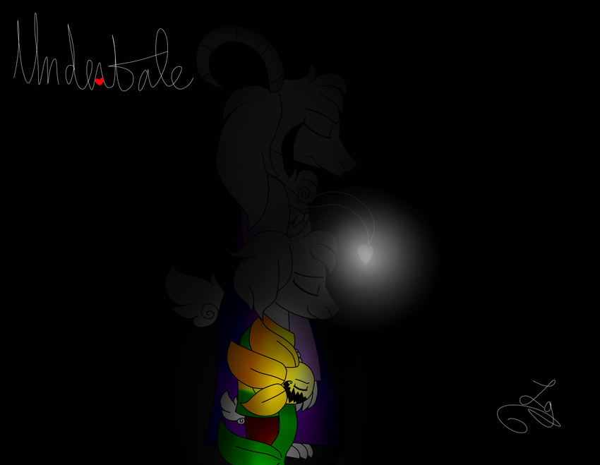 2016 angry asriel_dreemurr black_background boss_monster caprine clothed clothing dashiathebunny dress eyes_closed flower fur glowing goat hair hair_tuft long_ears mammal plant shirt signature simple_background smile tuft undertale video_games