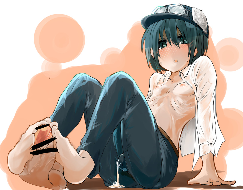 artist_request bare_feet blush censored cum dress_shirt feet footjob futanari goggles green_eyes green_hair hat highres kino kino_no_tabi nipples open_clothes open_mouth open_shirt pants ribs short_hair sitting small_breasts sweat tomboy