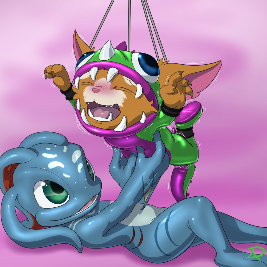 anthro bdsm blush bondage bound costume duo fizz_(lol) gnar_(lol) league_of_legends male marine radasus riot_games suspension tickling video_games yordle