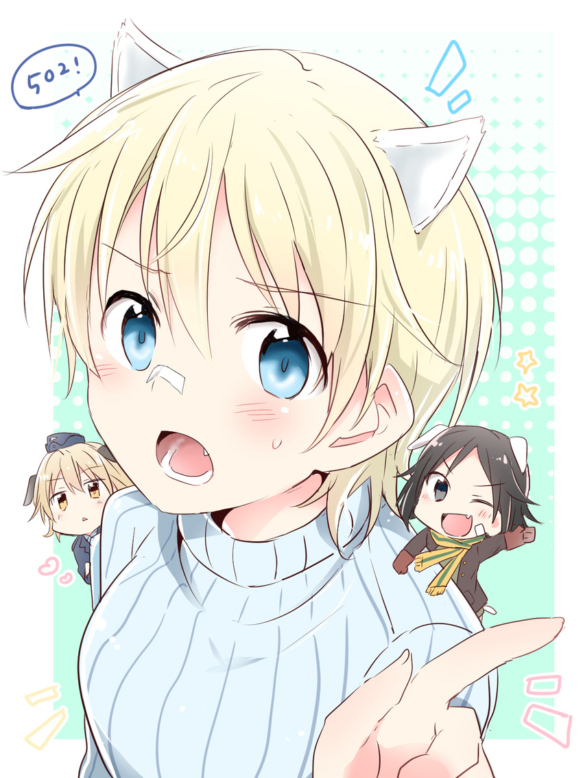 :&lt; :d ;d animal_ears bandaid bandaid_on_face bandaid_on_nose black_eyes blonde_hair blue_eyes blush brave_witches chibi commentary dog_ears ermine_ears eyebrows_visible_through_hair fang gloves hat heart highres index_finger_raised kanno_naoe light_brown_hair looking_at_viewer military military_uniform multiple_girls nikka_edvardine_katajainen one_eye_closed open_mouth ribbed_sweater scarf short_hair smile sweatdrop sweater triangle_mouth turtleneck uniform v-shaped_eyebrows waltrud_krupinski weasel_ears world_witches_series yasaka_shuu yellow_eyes