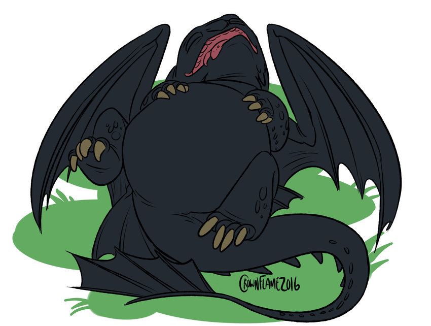 abdominal_bulge belly big_belly crownflame dragon dreamworks feral hand_on_stomach how_to_train_your_dragon lying on_back post_vore simple_background solo toothless vore