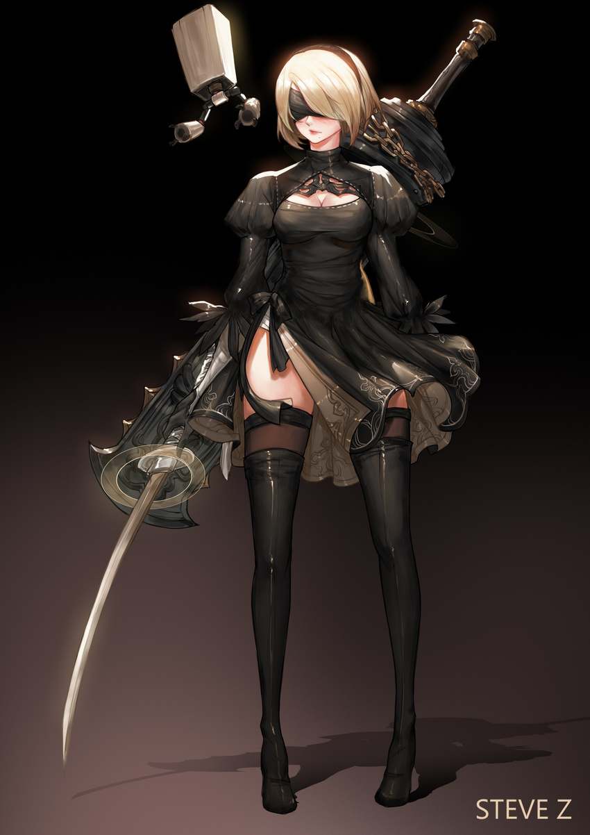 absurdres artist_name black_dress black_footwear black_gloves black_hairband black_legwear blindfold blush boots breasts chain cleavage cleavage_cutout closed_mouth covered_eyes dress drone floating full_body gloves greatsword hair_over_one_eye hairband high_heel_boots high_heels highres holding holding_sword holding_weapon huge_weapon juliet_sleeves katana legs_apart long_sleeves machinery medium_breasts mole mole_under_mouth nier_(series) nier_automata pink_lips pod_(nier_automata) puffy_sleeves robot shadow short_dress short_hair silver_hair solo standing steve_zheng sword thigh_boots thighhighs unsheathed weapon weapon_on_back yorha_no._2_type_b
