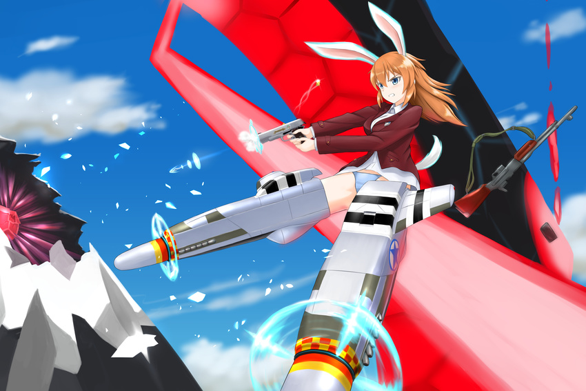 absurdres animal_ears bangs blue_eyes blue_panties blue_sky bunny_ears charlotte_e_yeager clenched_teeth cloud day eyebrows_visible_through_hair firing flying full_body gun hair_between_eyes handgun highres holding holding_gun holding_weapon jacket kukoroko long_hair m1911 m1918_bar machine_gun military military_uniform neuroi open_mouth orange_hair outdoors panties propeller red_jacket shirt sky solo strap strike_witches striker_unit tail teeth underwear uniform weapon white_shirt world_witches_series