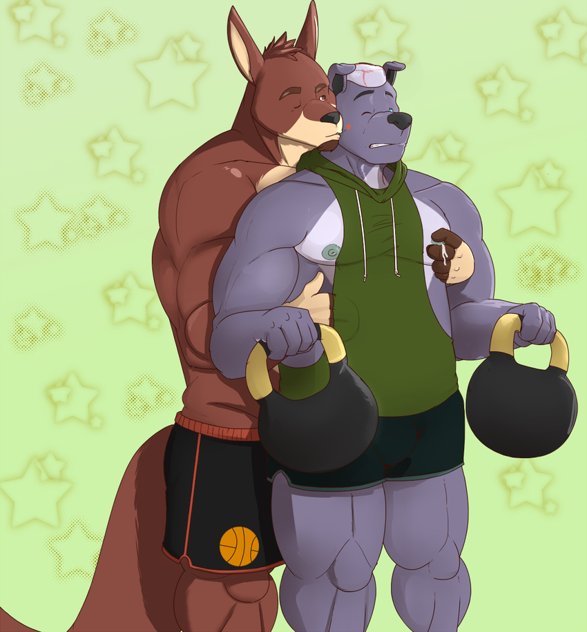 anthro biceps brown_fur canine cheezypb cleveartois93 clothed clothing digital_media_(artwork) dog duo exercise fur gym hair hoodie kangaroo kettle_weight kissing lactating luxordtimet male male/male male_lactation mammal marsupial mohawk musclegut muscular muscular_male nipples ozzy ozzy_(character) pecs pitbull romantic_couple shorts simple_background slightly_chubby tony topless white_hair