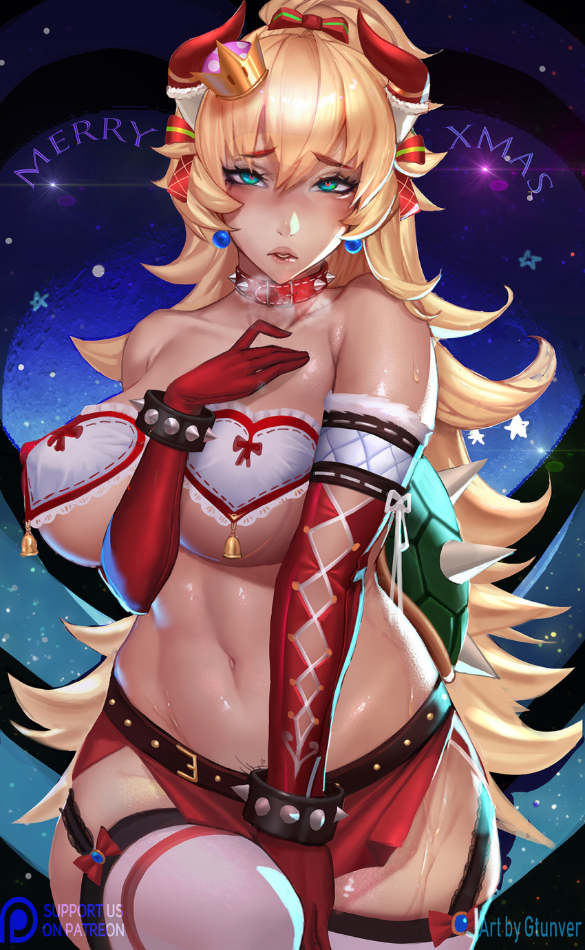 &lt;3 &lt;3_eyes absurdres alternate_species animal_humanoid aqua_eyes bare_shoulders bell big_breasts black_panties blonde_hair blue_eyes blush bowser bowsette bowsette_meme bracelet breasts christmas cleavage clothing collar crossgender crown earrings elbow_gloves erect_nipples female garter_belt garter_straps genderswap genderswap_(mtf) gloves groin gtunver hair hair_between_eyes hair_ribbon heart heart-shaped_pupils heavy_breathing highres horn horns humanoid humanoidized jewelry koopa large_breasts legwear long_hair looking_at_viewer mario_(series) mario_bros navel new_super_mario_bros._u_deluxe nintendo open_mouth panties pasties pubic_hair pubic_hair_peek red_gloves red_legwear ribbon saliva scalie simple_background slightly_chubby solo spiked_bracelet spiked_collar spiked_shell spikes super_crown super_mario_bros. symbol-shaped_pupils teeth thigh_highs thighhighs tongue tongue_out turtle_shell underwear very_long_hair video_games white_background