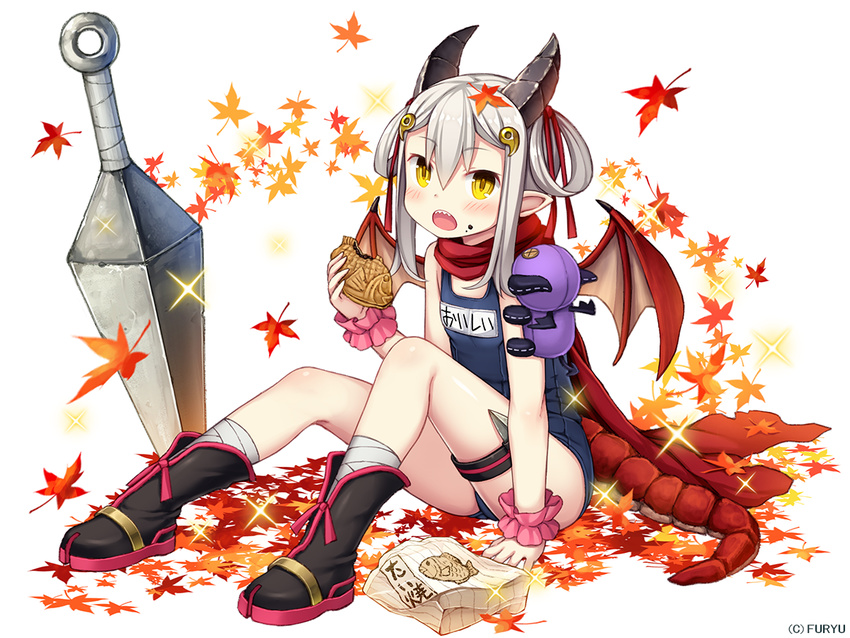 arm_support autumn_leaves bandaged_leg bandages bangs bare_arms black_footwear blue_swimsuit blush boots dragon_girl dragon_horns dragon_tail dragon_wings eating eyebrows_visible_through_hair flat_chest food food_on_face full_body hair_between_eyes hair_ornament hair_ribbon hair_rings hand_up holding holding_food holster horns huge_weapon kinako_(monmusu_harem) knees_up kunai leaf leaf_on_head long_hair looking_at_viewer magatama maple_leaf monmusu_harem namaru_(summer_dandy) ninja official_art open_mouth oversized_object planted_weapon pointy_ears red_ribbon red_scarf ribbon scarf school_swimsuit sharp_teeth sidelocks silver_hair simple_background sitting snack solo sparkle stuffed_animal stuffed_toy swimsuit tail taiyaki teeth thigh_holster wagashi weapon white_background wings wrist_cuffs yellow_eyes