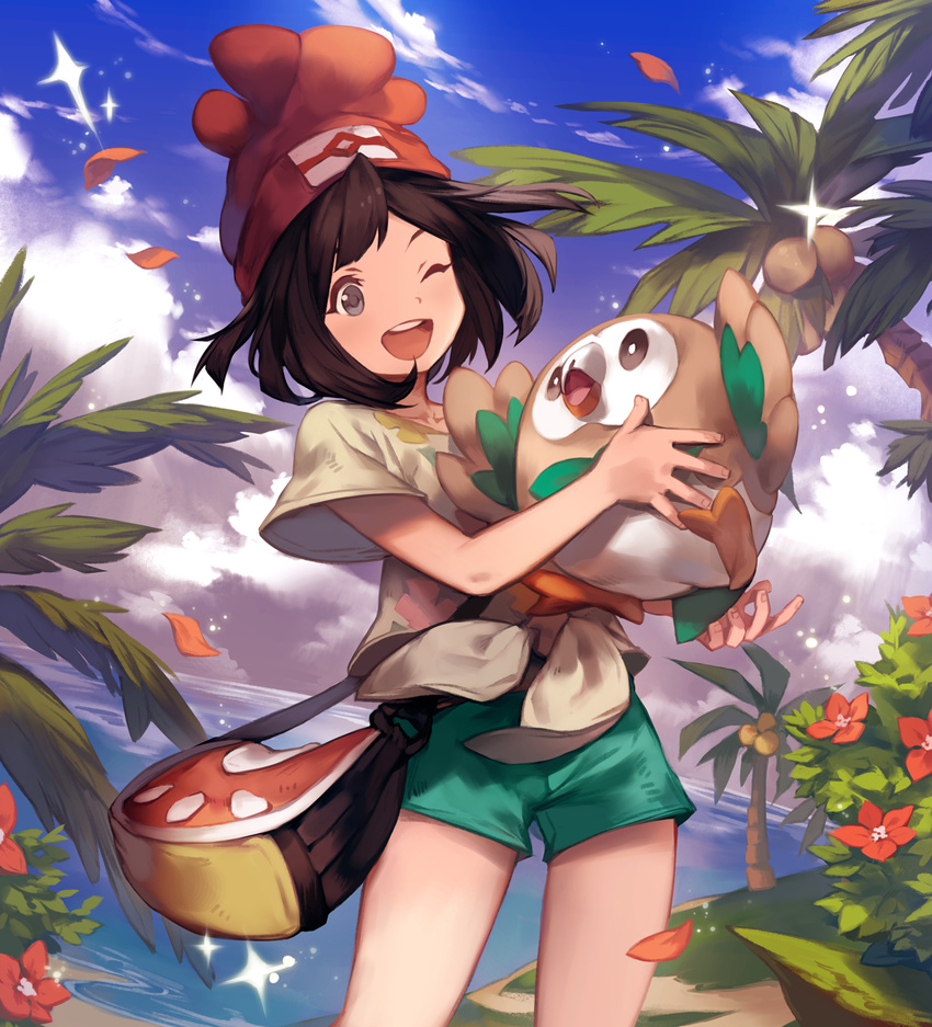 ;d aqua_shorts bag bangs beach beanie black_hair blue_sky bush cloud cloudy_sky coconut coconut_tree collarbone cowboy_shot day eyelashes flat_chest floral_print flower front-tie_top gen_7_pokemon grey_eyes happy hat highres holding horizon lee_hyeseung legs_apart light_particles mizuki_(pokemon) ocean one_eye_closed open_mouth outdoors palm_tree paw_print petals pokemon pokemon_(creature) pokemon_(game) pokemon_sm print_shirt red_flower red_hat rowlet shirt short_hair short_shorts short_sleeves shorts shoulder_bag sky smile sparkle spread_fingers standing swept_bangs teeth tied_shirt tree