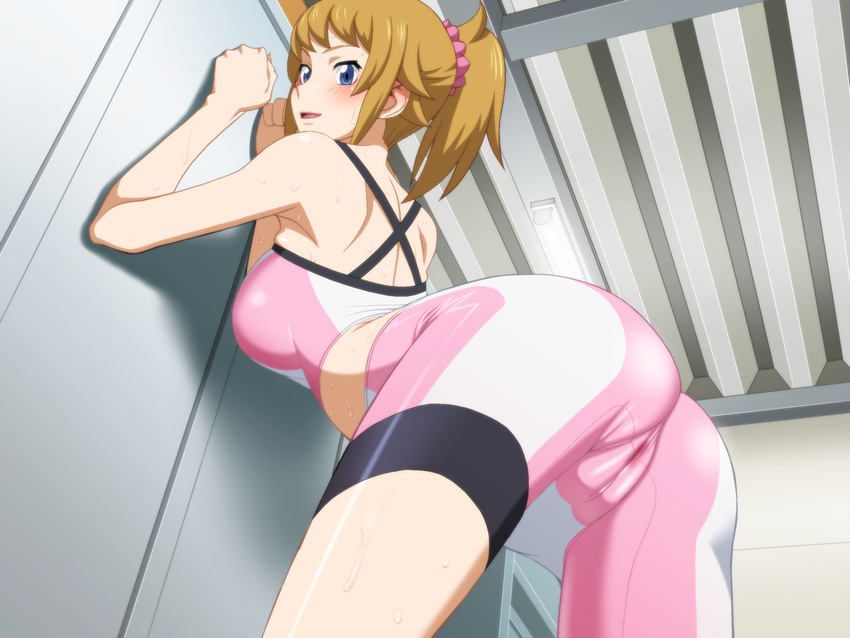 against_wall ass back bare_shoulders bent_over bike_shorts blue_eyes blush breasts brown_hair cameltoe from_behind from_below gundam gundam_build_fighters gundam_build_fighters_try hoshino_fumina large_breasts looking_at_viewer looking_back non-web_source open_mouth ponytail pussy_juice_stain ryunryun scrunchie short_hair short_ponytail smile solo sports_bra sweat trefoil