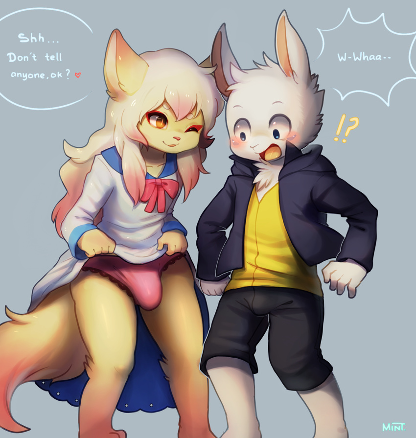 ?! anthro blonde_hair blue_eyes blush bulge canine clothed clothing clothing_lift crossdressing cub dress dress_lift english_text exposing fox fur girly hair it's_a_trap lagomorph long_hair male mammal mintea open_mouth orange_eyes rabbit shocked simple_background solo standing surprise tan_fur text white_fur young