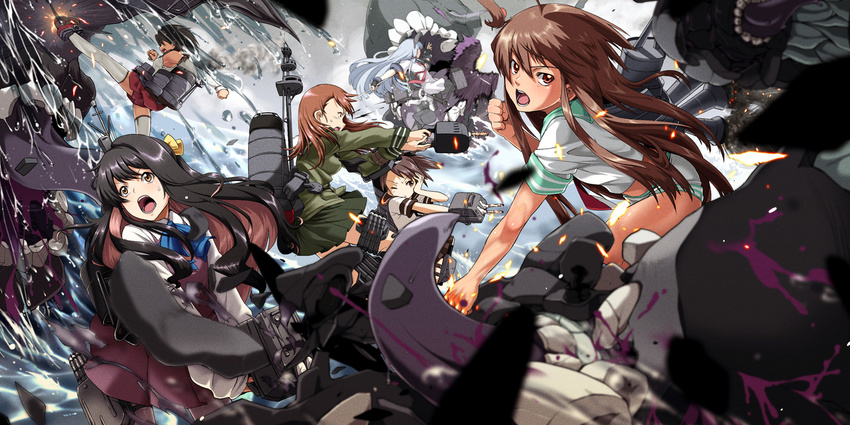 :o ;o bangs bare_arms bare_shoulders battlefield black_hair black_legwear blouse blurry breasts broken brown_eyes brown_hair burning_hand character_request clenched_hand clenched_hands debris depth_of_field detached_sleeves dress firing flat_chest gloves green_skirt grey_sky hair_between_eyes hair_ribbon hand_on_own_head headgear highres holding holding_weapon incoming_punch kantai_collection kicking kuma_(kantai_collection) liquid long_hair long_sleeves looking_at_viewer looking_to_the_side machinery medium_breasts midriff monster multicolored_hair multiple_girls murakumo_(kantai_collection) naganami_(kantai_collection) nagara_(kantai_collection) ocean one_eye_closed ooi_(kantai_collection) open_mouth outdoors outstretched_arm outstretched_arms own_hands_together panties pantyhose pink_hair pleated_skirt profile red_panties red_skirt remodel_(kantai_collection) ribbon sailor_collar sailor_dress school_uniform serafuku shikinami_(kantai_collection) shinkaisei-kan shiny shiny_hair short_dress short_shorts short_sleeves shorts silver_hair skirt skirt_lift small_breasts smoke sweat tabigarasu teeth thigh_strap thighhighs tongue turret two-tone_hair underwear v-shaped_eyebrows very_long_hair waves weapon white_blouse white_dress white_legwear white_shorts wind wind_lift yellow_eyes