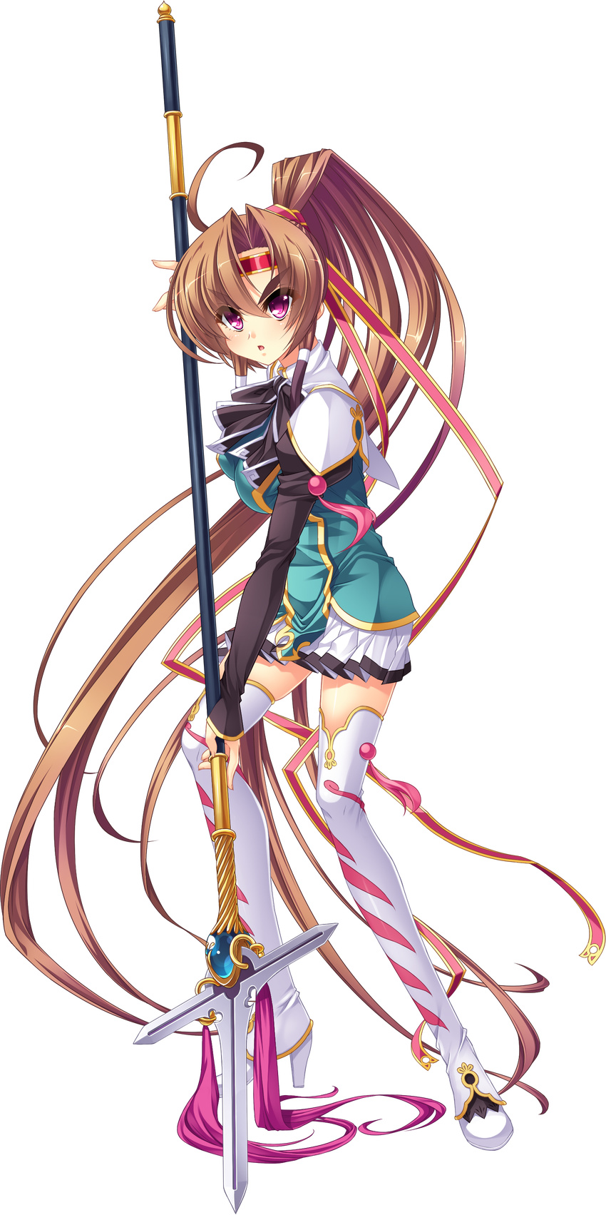 absurdly_long_hair absurdres bachou boots bow bowtie breasts brown_hair eyebrows full_body headband highres holding holding_weapon koihime_musou long_hair long_sleeves looking_at_viewer medium_breasts open_mouth pink_eyes pleated_skirt polearm ponytail skirt solo spear thick_eyebrows thigh_boots thighhighs transparent_background very_long_hair weapon yatsuha_kanan zettai_ryouiki