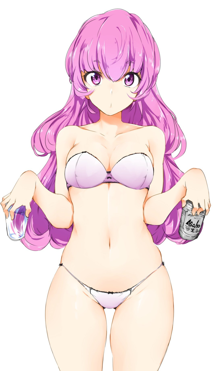 asahi_breweries bangs bare_shoulders beer_can bra breasts can cleavage commentary_request cowboy_shot cup drinking_glass eyebrows_visible_through_hair hair_between_eyes hands_up highres hips holding holding_can holding_cup large_breasts long_hair looking_at_viewer manabebebe navel pink_eyes pink_hair pursed_lips simple_background solo strapless strapless_bra thighs tokyo_7th_sisters underwear underwear_only wavy_hair white_background yusa_memoru