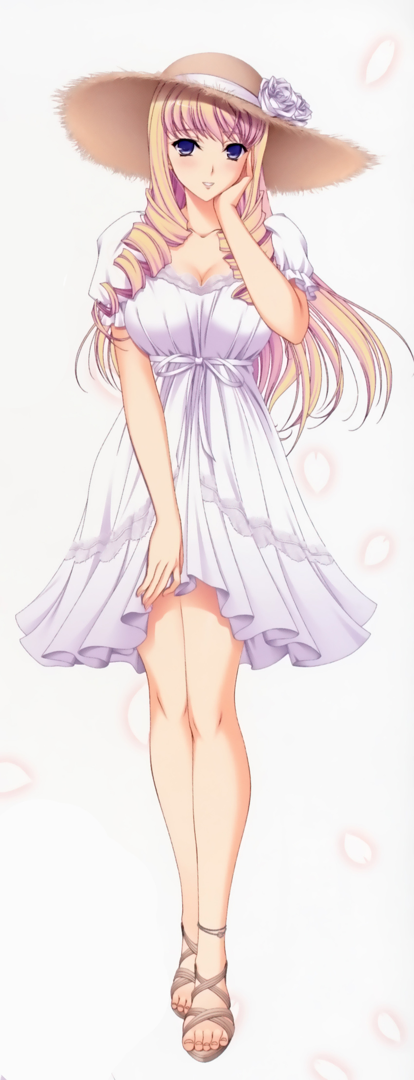 1girl absurdres anklet bertille_althusser blonde_hair blue_eyes blush breasts cleavage dress drill_hair highres jewelry komori_kei large_breasts legs long_hair looking_at_viewer sandals scan simple_background solo twin_drills twintails very_long_hair walkure_romanze walkure_romanze_more_&amp;_more
