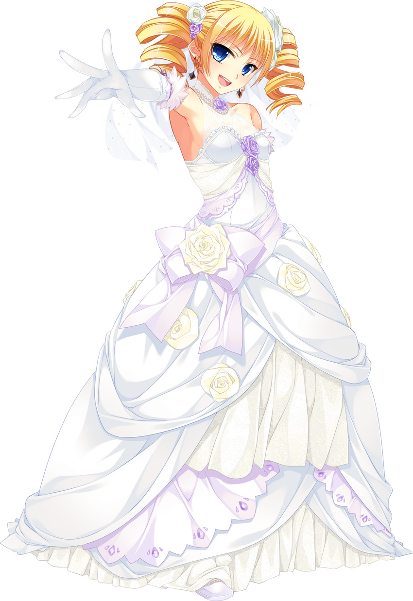 absurdres blonde_hair blue_eyes blush dress drill_hair earrings elbow_gloves frills full_body gloves hair_ornament highres jewelry kantaka koihime_musou looking_at_viewer open_mouth smile solo sousou standing transparent_background twintails veil wedding_dress white