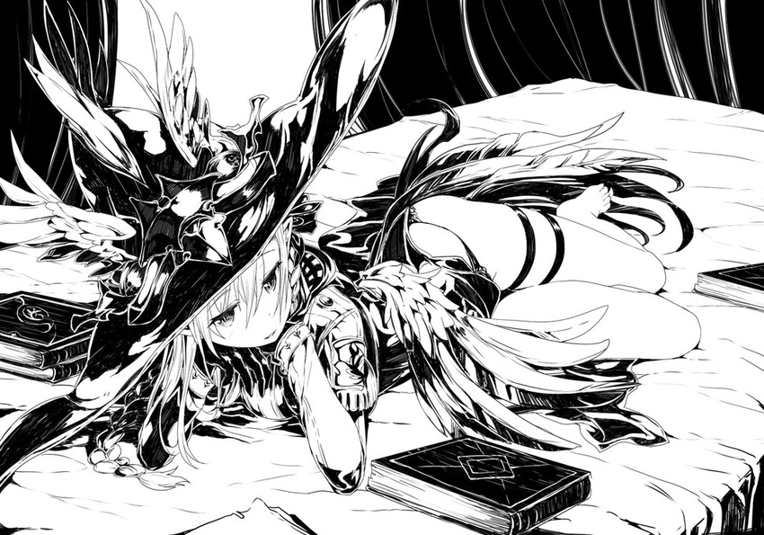 bangs bed book commentary_request curtains fantasy greyscale hair_between_eyes hat jitome legs_together light_smile long_hair looking_at_viewer lying monochrome on_bed on_stomach original parted_lips shibano_kaito solo thigh_strap thighs wings witch witch_hat