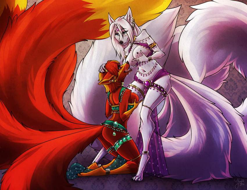 2016 anthro big_breasts black_nipples blue_eyes breasts butt canine clothed clothing duo female female/female fox fur hair hand_on_breast jewelry kaylii kneeling lactating long_hair mammal milk multi_tail navel nipples open_mouth orange_fur orange_hair partially_clothed red_fur red_hair side_boob smile teeth tongue white_fur white_hair