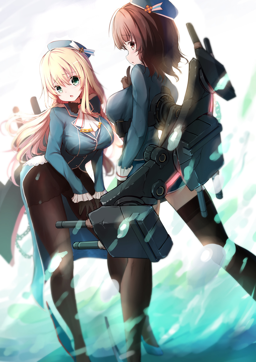 :o absurdres atago_(kantai_collection) bent_over blonde_hair blue_eyes blush breasts brown_hair cravat from_behind gloves green_eyes highres kantai_collection large_breasts long_hair looking_at_viewer multiple_girls pantyhose rigging short_hair takao_(kantai_collection) thighhighs zettai_ryouiki zheyi_parker