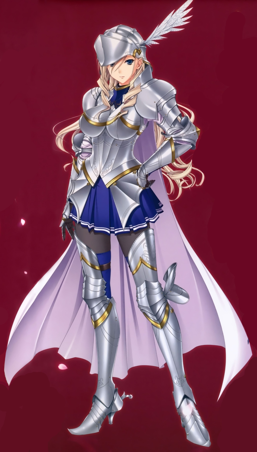 1girl armor armored_boots black_legwear blonde_hair blue_eyes blue_skirt boots breasts celia_kumani_entory drill_hair female gauntlets helmet holding holding_weapon large_breasts long_hair looking_at_viewer pantyhose pleated_skirt polearm skirt solo spaulders transparent_background walkure_romanze