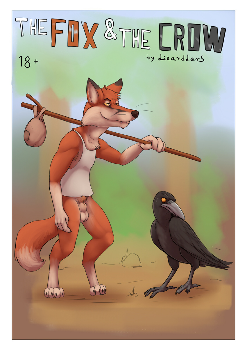 animal_genitalia anthro avian balls bird bottomless canine clothed clothing corvid cover cover_page crow digitigrade duo english_text feral fox fully_sheathed lizardlars looking_away male male/male mammal sheath shirt standing tank_top text unamused whiskers