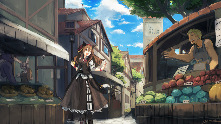 2girls animal_ears apron blonde_hair blue_sky boots brown_eyes brown_hair brown_skirt brown_vest building bunny_ears bunny_girl bunny_paws cabbage closed_eyes cobblestone comic day fantasy food fruit hand_up holding holding_food kerchief lamppost lansane long_hair long_sleeves mouse_ears multiple_boys multiple_girls open_mouth original road shadow shirt short_hair sidelocks sign silent_comic skirt sky sleeveless sleeveless_shirt sleeves_rolled_up smile stall storefront street tower tree tsana_(lansane) vest waving white_shirt window wolf_ears wristband