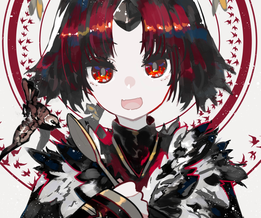 1girl benienma_(fate/grand_order) bird fate/grand_order fate_(series) feathers holding holding_spoon kusakanmuri portrait red_eyes red_hair rice_spoon smile sparrow spoon