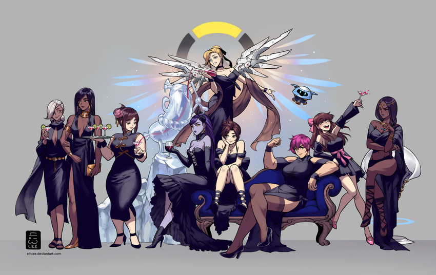 alcohol alternate_hairstyle ana_(overwatch) beard black_dress black_hair black_legwear blonde_hair bottle braided_beard breasts china_dress chinese_clothes cleavage commentary cup d.va_(overwatch) dark_skin dress drinking_glass drunk ein_lee elbow_gloves facial_hair flexing gloves high_heels ice_sculpture large_breasts mechanical_wings medium_breasts mei_(overwatch) mercy_(overwatch) mother_and_daughter multiple_girls overwatch pharah_(overwatch) pose purple_skin sitting smile symmetra_(overwatch) thighhighs tracer_(overwatch) widowmaker_(overwatch) wine wine_glass wings zarya_(overwatch)