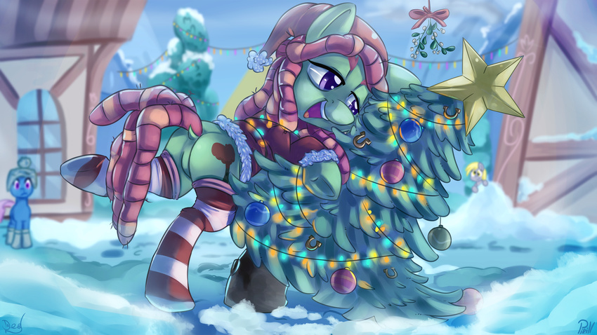 2016 building christmas christmas_tree city clothed clothing cutie_mark detailed_background dock duo earth_pony equine female feral friendship_is_magic fur green_fur hair hat holidays horse house hug legwear mammal multicolored_hair my_little_pony outside pirill-poveniy pony purple_eyes smile snow socks thediscorded tree tree_hugger_(mlp) two_tone_hair winter