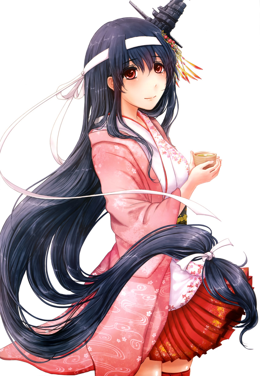 absurdres black_hair breasts cherry_blossoms cup eyebrows_visible_through_hair floral_print flower fusou_(kantai_collection) green_tea hair_ornament hair_ribbon headband highres holding holding_cup japanese_clothes kantai_collection kimono long_hair looking_at_viewer low-tied_long_hair medium_breasts miko miniskirt nontraditional_miko official_art pagoda pink_kimono red_eyes red_skirt remodel_(kantai_collection) ribbon rikka_(rikka331) scan simple_background skirt smile solo tea teacup very_long_hair white_background white_ribbon