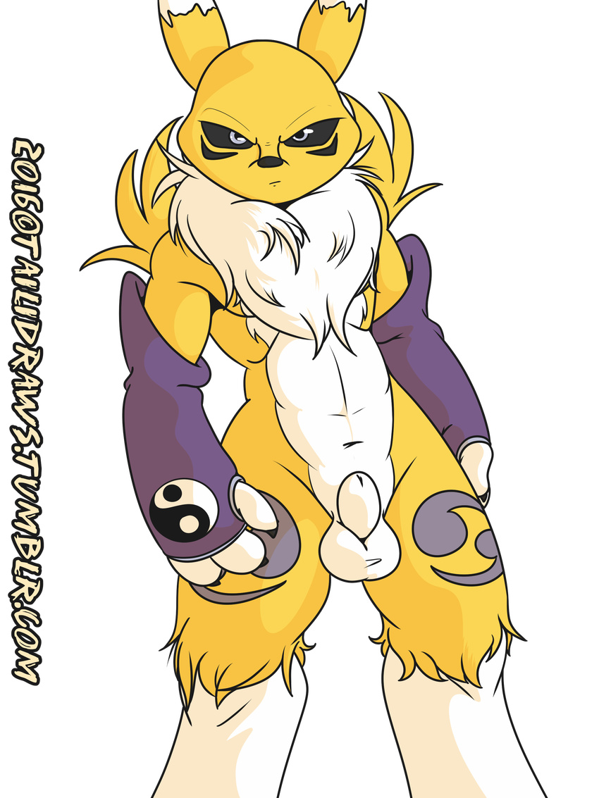 alpha_channel animal_genitalia anthro armwear athletic balls black_sclera canine chest_tuft digimon digitigrade front_view frown fully_sheathed handpaw looking_at_viewer male mammal mostly_nude mrpandragon navel paws pecs renamon sheath signature simple_background solo standing transparent_background tuft url