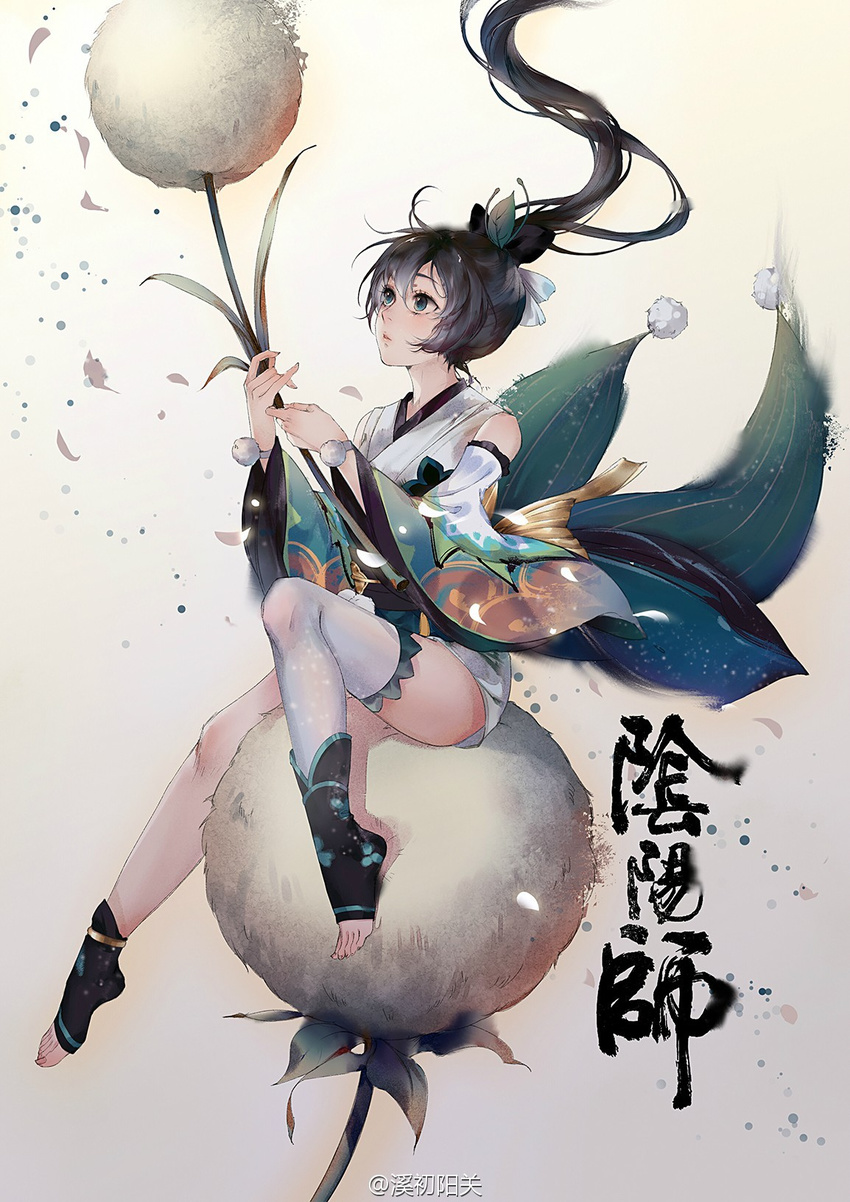 anklet bare_shoulders barefoot black_hair blue_eyes bow dandelion detached_sleeves flower full_body hair_bow highres japanese_clothes jewelry kimono leaf leaf_on_head long_hair looking_up onmyoji plantar_flexion ponytail short_kimono sitting sleeveless sleeveless_kimono solo thighhighs toeless_legwear white_legwear wide_sleeves xi_chu_yang_guan ying_grass