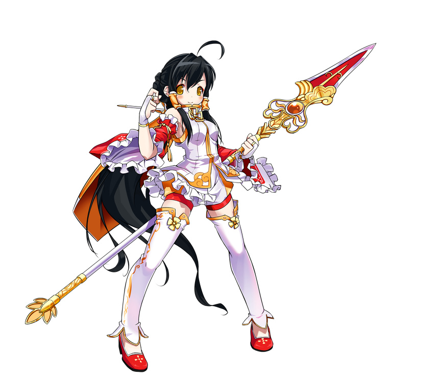 ahoge ara_han asymmetrical_clothes black_hair detached_sleeves elsword frills full_body hair_tubes highres little_hsien_(elsword) long_hair looking_at_viewer official_art polearm ponytail red_footwear sando_(artist) shoes shorts shorts_under_skirt sidelocks skirt smile solo spear standing thighhighs transparent_background very_long_hair weapon white_legwear white_skirt wide_sleeves yellow_eyes